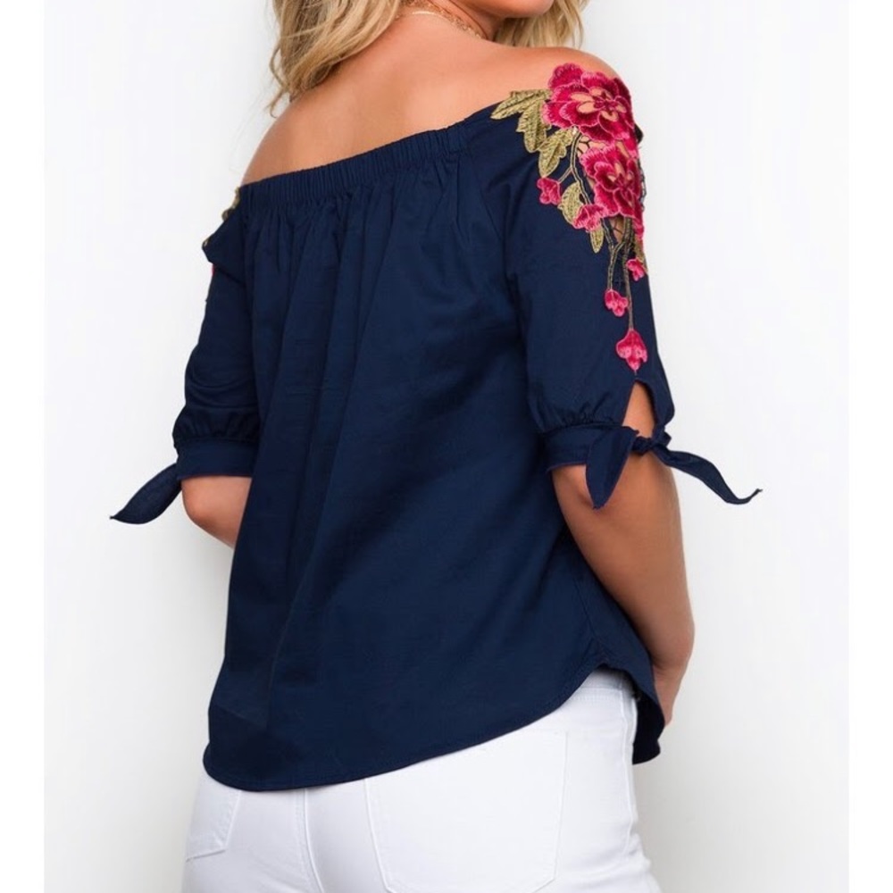 Navy rose embroidery off the shoulder top